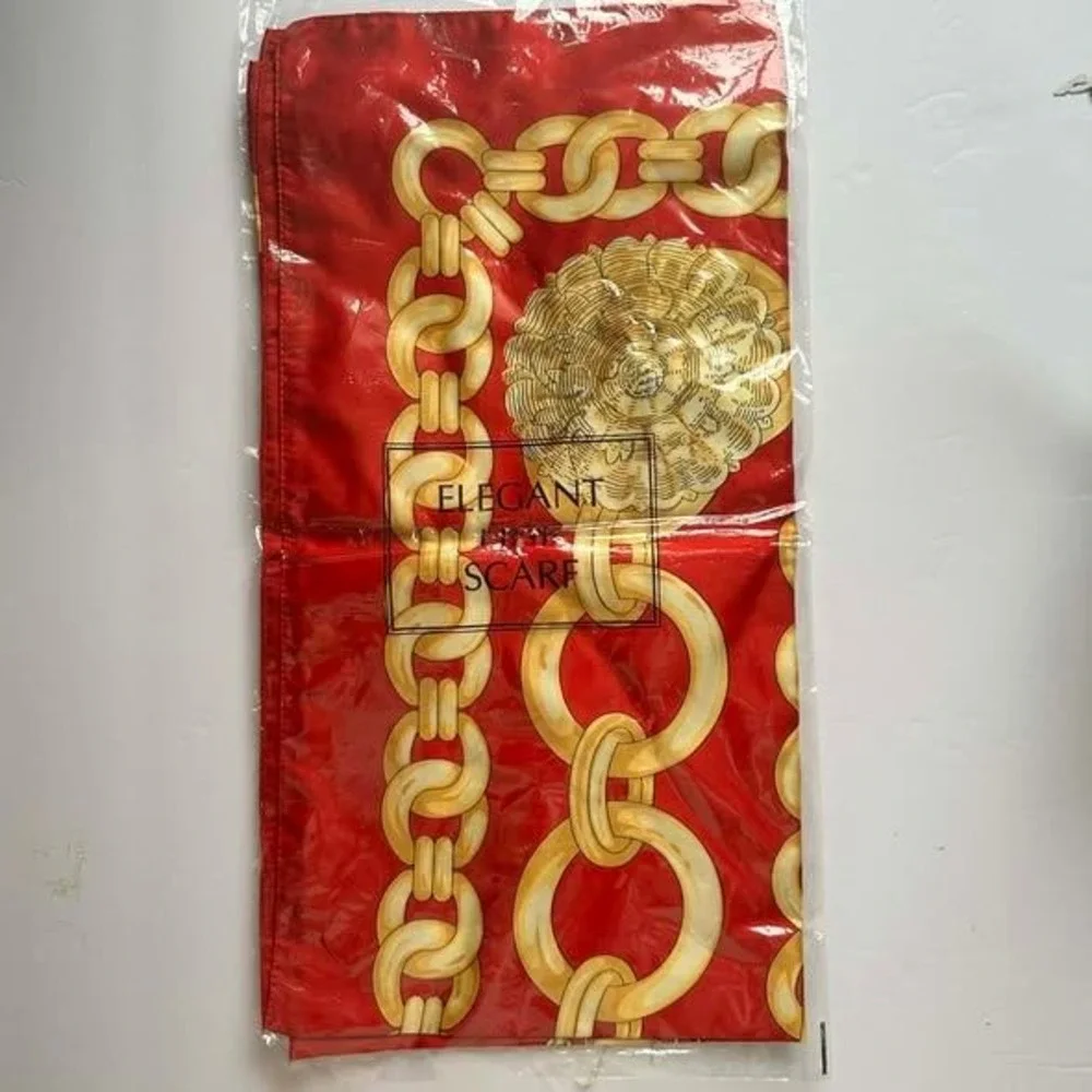 AVON Elegant Red Square Scarf Gold Chain Link Medallion Print NOS‎ Satin Finish